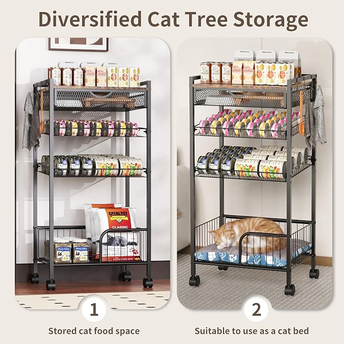 Cat Food Organizer，Multi-functional Canned Food and Cat Bed Rolling Storage Cart,Manually Adjust The Gap Size，Store Suitable Can Sizes，Used for Jar Food & Cat Food Dispenser Rack