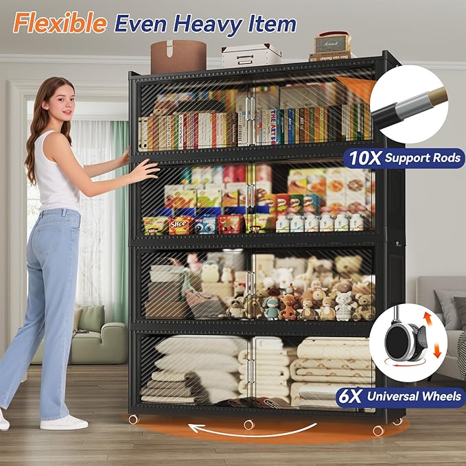 Fangtueh 150 Gallon Extra Large Collapsible Storage Bin with Lid, 960QT Stackable Plastic Organizer with 6x Wheels, Foldable Drawer Cabinet for Closet, Living Room Office, Kitchen 3Pack, Black