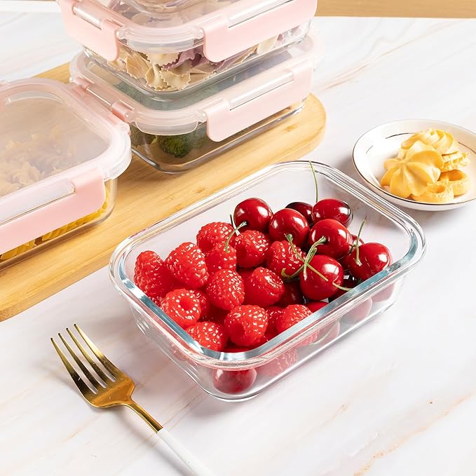 10 Pack 22 oz Glass Meal Prep Containers, Food Storage Containers with Lids, Airtight Leakproof Lunch Containers for Kitchen, Freezer, Microwave, Dishwasher Safe (Pink)