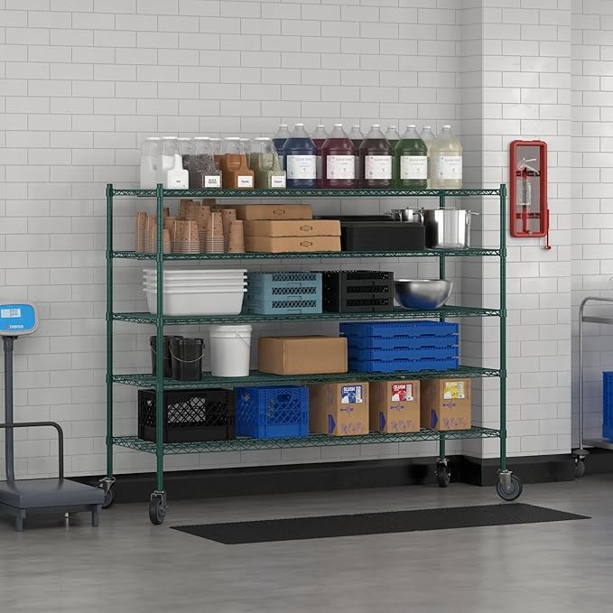 Commercial NSF Listed Green Epoxy Mobile Wire Shelving Kit 24" x 72" x 60", with 5 Shelves Perfect for Warehouse, Walk-in Refrigerator, Freezer, Grocery Store, Restaurant, Dishroom