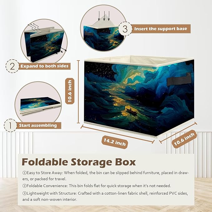 Dreamy Starry Sky Night Storage Box Bins, Blue Fantasy Galaxy River Boating Collapsible Storage Basket Organizer for Bedroom Laundry Room Home Clothes Toys Books, Toybox for Girls Boys