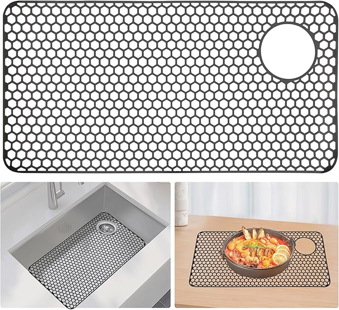 Myirxcv Silicone Sink Mat, 28.62"x 14.76" Heat-resistant Sink Protectors, Drying Mats for Kitchen of Bottom Farmhouse Porcelain Stainless Steel, Kitchen Accessory, Right & Left Drain（Grey）