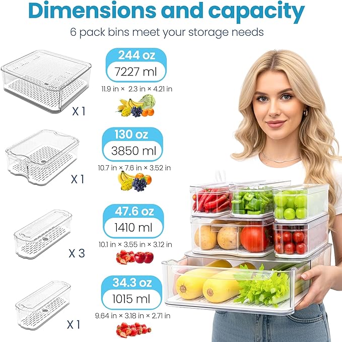 6 Pack Refrigerator Organizers, Clear Pull-out Drawer Container and Organizer Bins with Lids, Stackable Storage Containers for Fruits, Vegetable (Set of 6 (Include Pull-out Drawer))