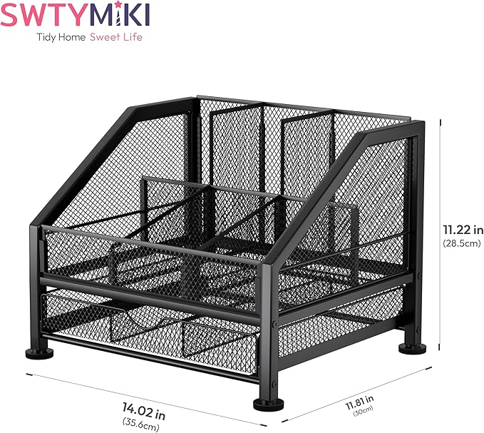 SWTYMIKI Coffee Bar Organizer for Countertop – Space-Saving Kcup Organizer with Drawer and Tiered Shelves, Countertop Coffee Station for Pods, Sugar, Syrup, Cups, Stirrers, Mesh Condiment Storage