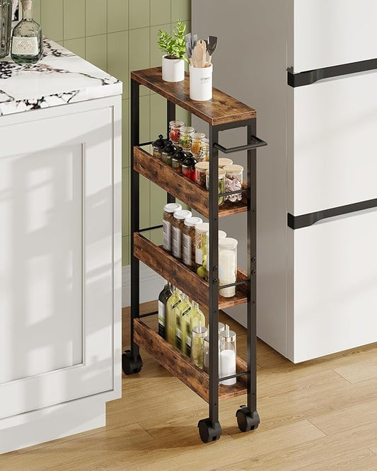 4-Tier Slim Storage Cart, 5.1'' Kitchen Serving Trolley, Slim Rolling Cart with Handle and Guard Rails, Slim Cabinet for Small Spaces, for Dining Room, Rustic Brown and Black TTC01BF