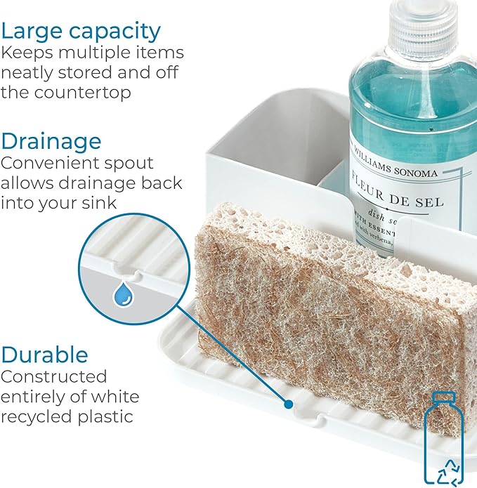 iDesign Kitchen Sink Caddy for Countertop with Sponge Holder and Drain Spout - White
