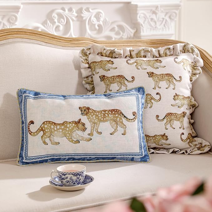 patdrea Designer Throw Pillow Covers for Couch 12"x20",Vintage Linen Pillows Cover with Cheetah Pattern and Luxury Ruffle,Farmhouse Decorative Pillowcases for Bed Living Room Outdoor Set of 2