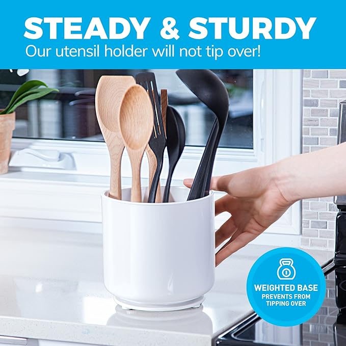 Cooler Kitchen Jumbo XL Rotating White Plastic Utensil Holder Caddy with Sturdy No-Tip Weighted Base, Removable Divider, and Gripped Insert - Dishwasher Safe Kitchen Utensil Holder for Countertop