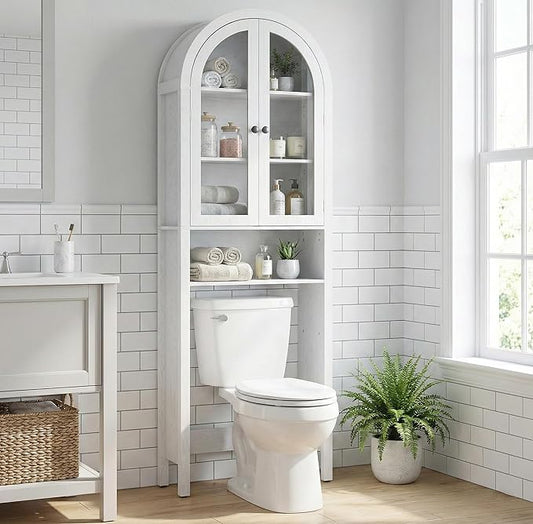 White Over The Toilet Storage Cabinet with Acrylic Doors, 4 Tier Small Bathroom Shelf Organizer, Arched Bathroom Cabinet with Adjustable Shelf, Slim Narrow Toilet Rack, Wood, Anti-Tipping Device