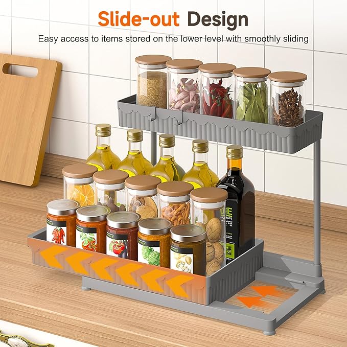 3 Pack Multi-Purpose Under Sink Organizers and Storage, 2025 L-Shaped Pull Out Cabinet Organizer for Bathroom & Kitchen, Under Cabinet Organizer with Hooks Hanging Cup, Grey, 14.85 inch