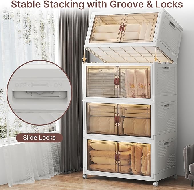 VNVTO 1280Qt Stackable Storage Bins with Lids, 8 Pack Large Collapsible Bins with Wheels, Plastic Cabinet with Doors, Foldable Closet Organizers and Storage for Home, Dorm, Office, White
