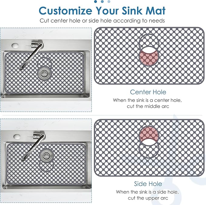 Flytime Silicone Sink Protectors for Kitchen Sink with Center&Rear Drain, 26"x 14" Kitchen Grid Accessory, Non-Slip Folding Heat-Resistant Mat for Bottom of Farmhouse Porcelain Stainless Steel