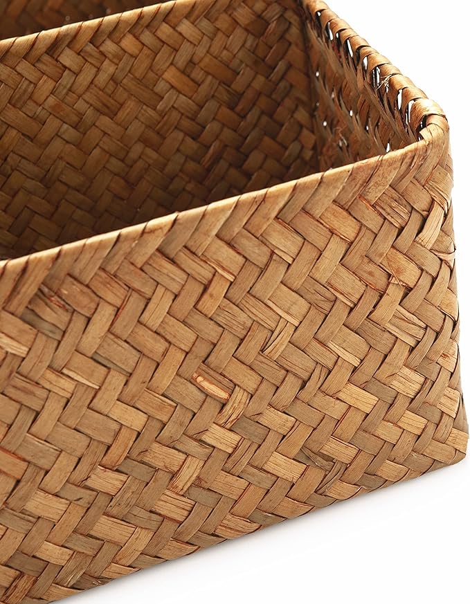 Woven Seagrass Storage Basket with 4 Divided Sections, Wicker Basket Bin Box Organizer for Countertops/Closet/Shelf/Dresser