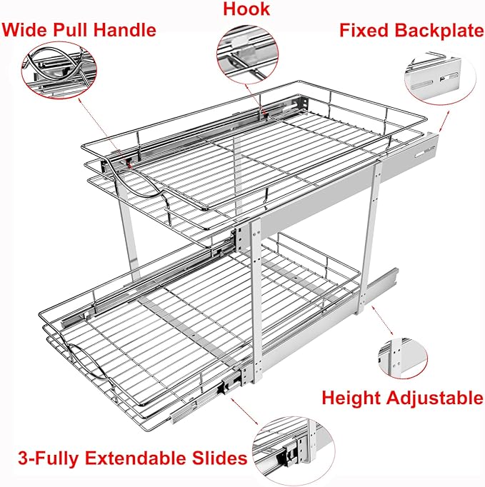 Pull Out Cabinet Organizer 17" W x 21" D 2-Tier Individual Slide Out Drawer Pantry Shelf Storage for Kitchen Base Cabinet Organization for Kitchen, Bathroom, Pantry, Chrome