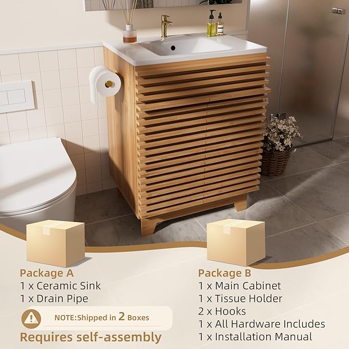 VNN 24 Inch Bathroom Vanity with Ceramic Sink - Freestanding Storage Cabinet with Fluted Design, Soft-Close Doors and Shelves, Compact Modern Storage for Small Bathrooms/Powder Rooms, Natural Oak