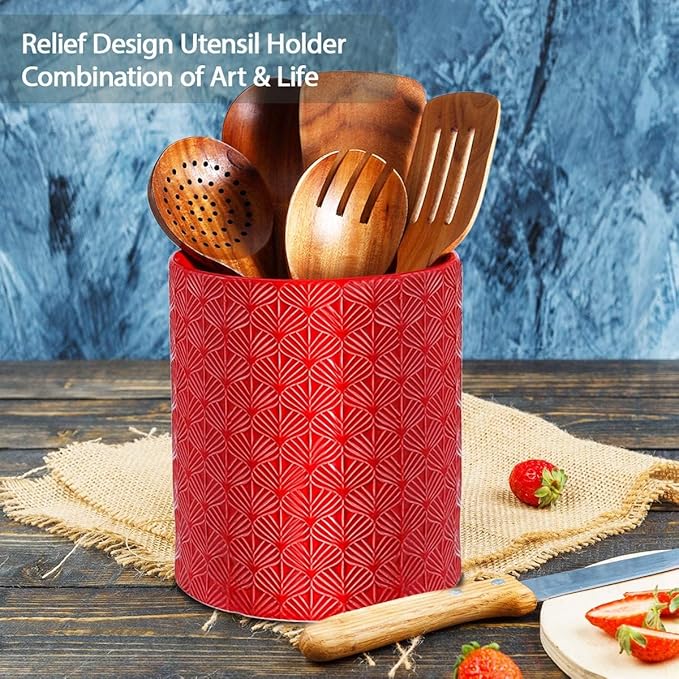 Ceramic Utensils Holder，Extra Large Stable Ceramic Cooking Tool Organizer Set for Kitchen，For Countertop ,Red