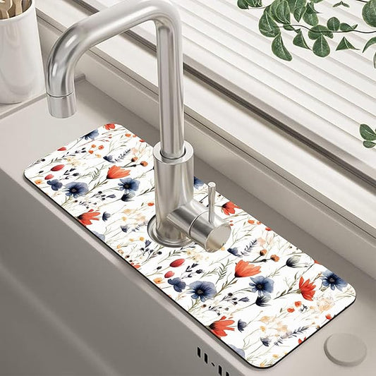 Watercolor Red and Blue Flowers Sink Faucet Absorbing Mat Sink Splash Guard Faucet Mat Draining Mat Fast Drying Sink Protectors for Kitchen and Bathroom 5.5"×15"