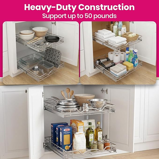 HOLDN’ STORAGE Two Tier Pull Out Cabinet Organizer, Individual Sliding Drawers - Heavy Duty Metal with Lifetime Limited Warranty - Anti Rust Chrome Finish - 26" W x 21”D x 16.5" H