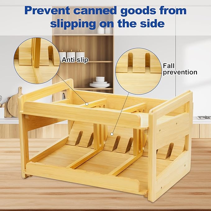 MinBoo Adjustable Can Organizer Rack, Two Tier Bamboo Stackable FIFO Cans Dispenser, Modern Style, Countertop, Assembly Required, Anti Shedding