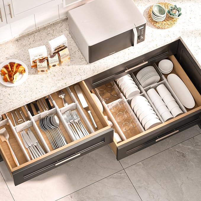 HiYZ Expandable Drawer Dividers - 12.6-22.8'' Adjustable Drawers Organizers for Kitchen Utensils, Drawer Separators in Bedroom, Dresser, Office, Bathroom, Fridge, 3 Pack Long Dividers-Gray