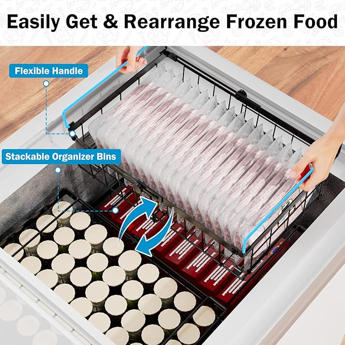 DOUBFIVSY Freezer Organizer Bins, 2 Pack Expandable Stackable Chest Deep Freezer Organizer Bins, Foldable Freezer Baskets with Handles, Freezer Storage Bins for 5 - 20 Cu.Ft Deep Freezer, Black