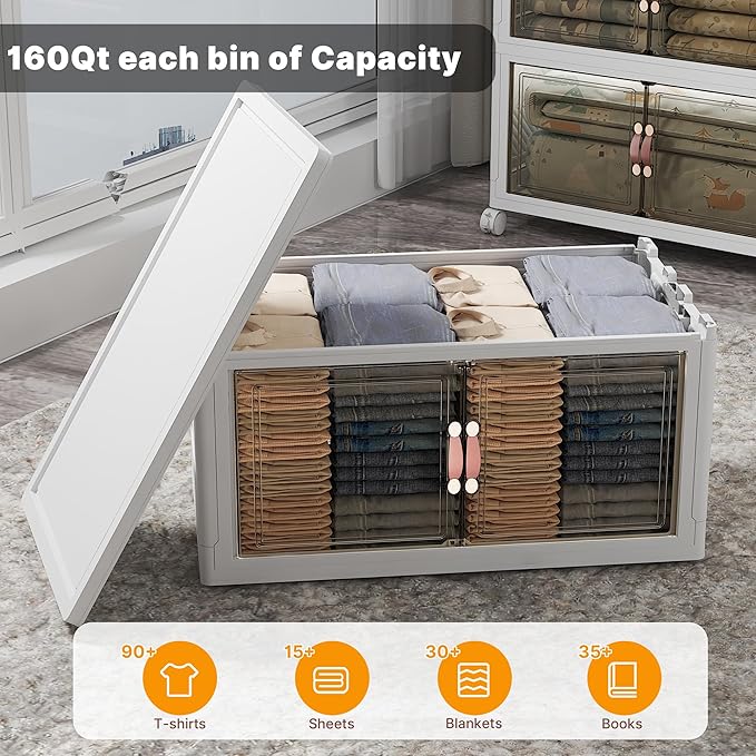 Stackable Storage Bins with Lids & Wheels & Door, Foldable Collapsible Closet Organizers, Extra Large Plastic Storage Drawers for Bedroom Dorm Office Garage (White-160QT, 1Pack with 1 top lid)