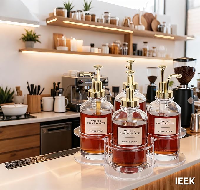 IEEK Rotating Coffee Syrup Organizer,Syrup Bottle Holder for Coffee Syrup Dispenser 16.9oz,Clear Acrylic Coffee Syrup Rack for Coffee Bar Station Countertop,Coffee Syrup Turntable Tray