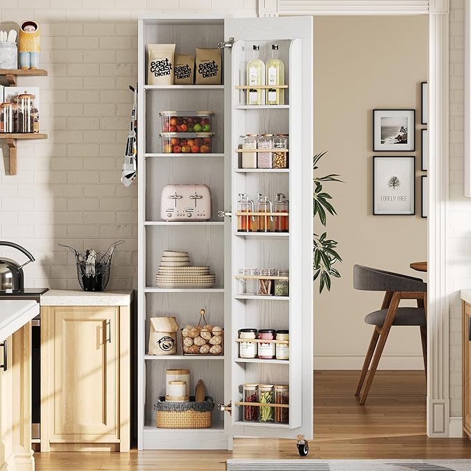 IRONCK Narrow Kitchen Pantry Storage Cabinet, 72" Slim Single Door with 6 Adjustable Shelves, Door Rack and Wheels, Space Saving Freestanding Storage Floor Cabinet for Small Place, White