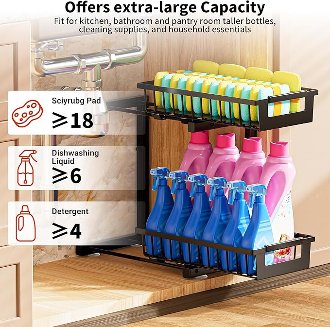 TOFWOF Under Sink Organizer 2 Pack, 2 Tier Adjustable Height Reinforced Carbon Steel Under Kitchen Bathroom Sink Storage Organizer, Smooth Pull-out Under Sink Cabinet Rack Drawer Organizer, Black