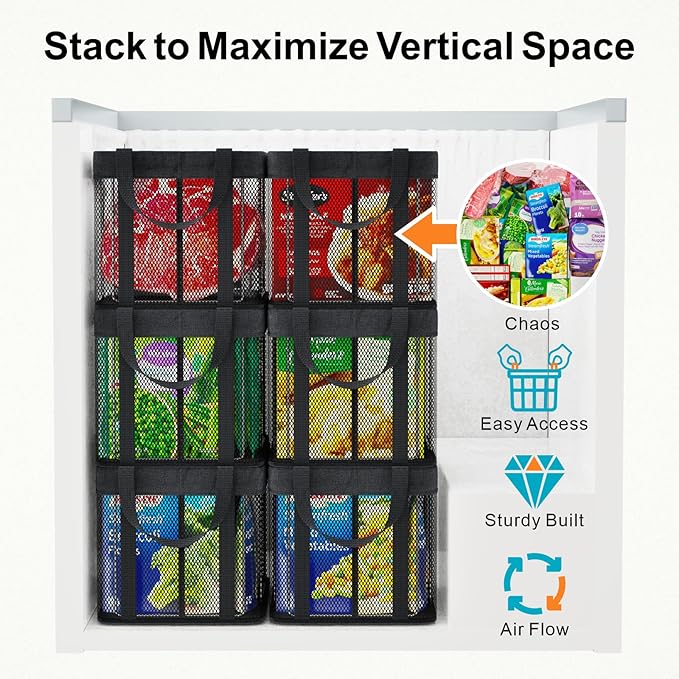 iSPECLE Deep Freezer Organizer Bins - 6 Pack 15" Large Stackable Freezer Organizer for 5 to 7 Cu.Ft Chest Freezer, Sturdy Fabric & Stainless Steel for Meat & Vegetables, Easy Access, Black