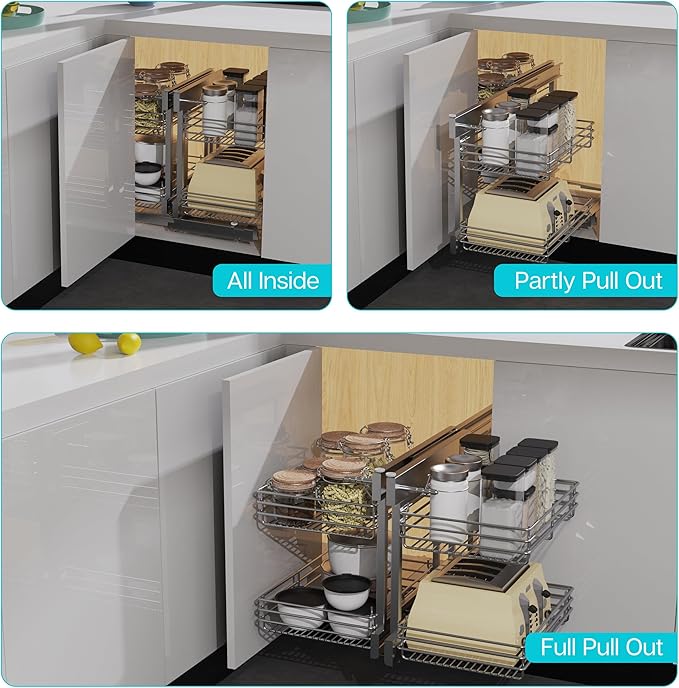 Blind Corner Cabinet Pull Out 2 Tier, Left & Right Blind Corner Cabinet Organizer for 20" W, Cabinet Pull Out 4 Shelves, Chrome, Slide Out Drawers for Kitchen or Bathroom Cabinets