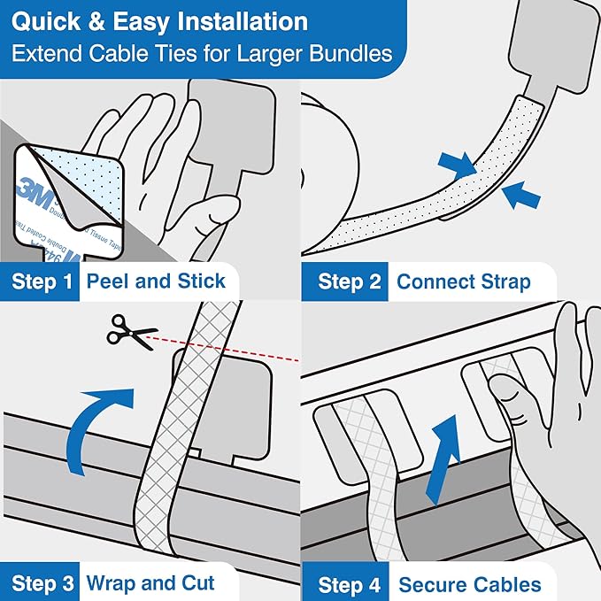 Cable Management Kit – 40 Self-Adhesive Hook and Loop Ties with 2 Extension Straps – Made with 3M Tape, Back-Sticky Cord Organizer for Under Desk, Wall, Home, Office – Adjustable Wire Holders (Black)