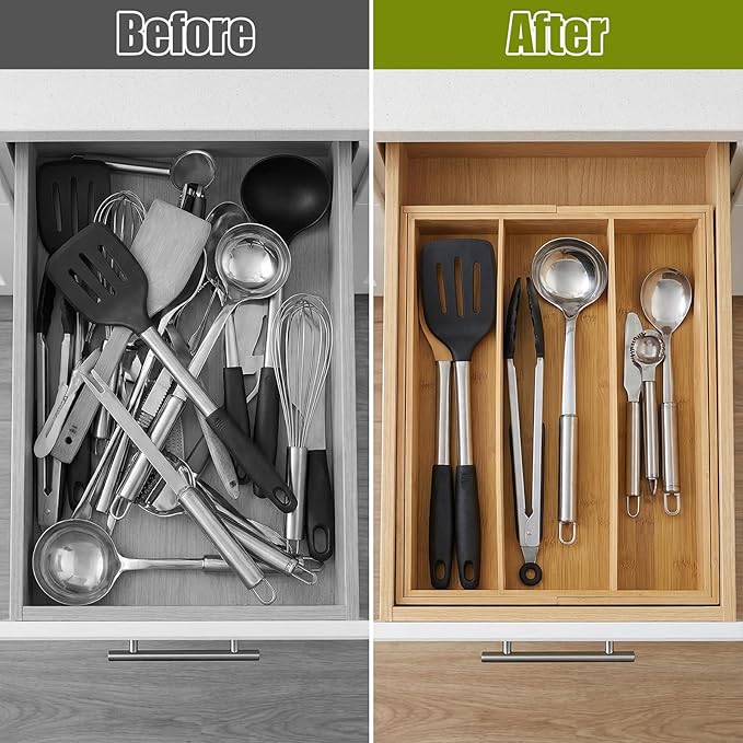 Bamboo Expandable Kitchen Drawer Organizer, 13.4" to 20.5" Adjustable Flatware Tray for Utensils, Kitchen Tool Drawer Divided Organizers, Bamboo Silverware Organizer, Cutlery Tray