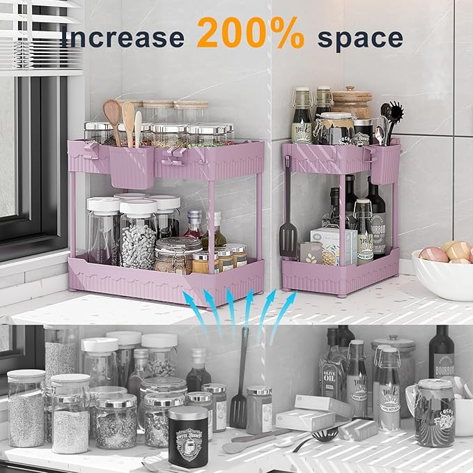 Sevenblue 2 Pack Under Sink Organizer, Under Bathroom Cabinet Organizer with Hooks Hanging Cup, Multi-Purpose Storage Shelf for Kitchen Bathroom (Pink, L)