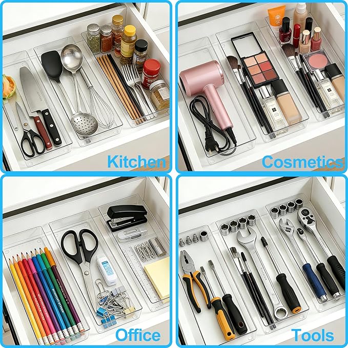 4 Pcs Extra Large Clear Plastic Drawer Organizer Trays 15"x6", Multi-Purpose Storage Bins for Vanity, Makeup, Kitchen Utensils, Bathroom, Office Desk, Auto Tools & Craft Supplies
