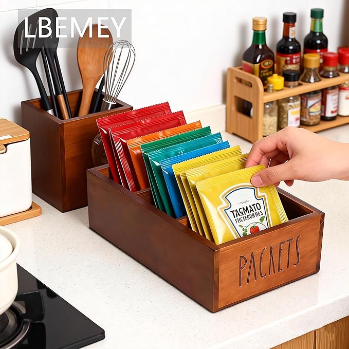 Packet Organizer, Acacia Wood Packet Storage Organizer with 3 Compartments,Farmhouse Kitchen Organization for Spice, Gravy, Taco, and Dressings Packets for Kitchen (Brown Label PACKETS)