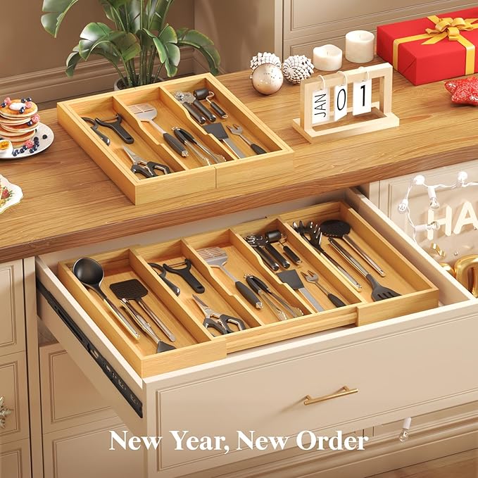 Lifewit Utensil Organizer for Kitchen Drawer, Expandable 13 to 22.4 Inches Wide, Adjustable Cooking Silverware Tray, Bamboo Cutlery Flatware Holder, Spatula Tools and Gadgets Storage Divider, Natural