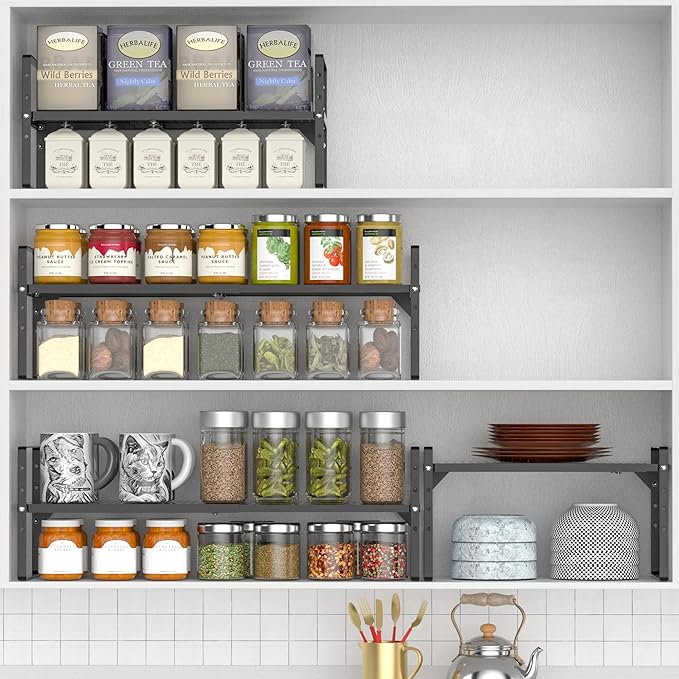 Expandable Kitchen Cabinet Shelf Organizer 2 Pack, Stackable Metal Pantry Storage Shelves, Adjustable Counter Shelf Organizer Rack for Kitchen Cabinets, Cupboard, Countertop, Closet, Black