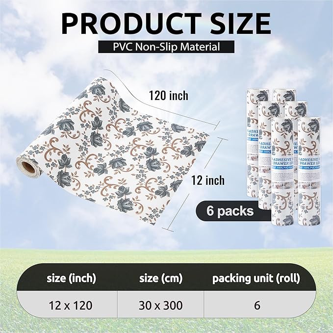 FIFTY FEET 12X120 Inch Shelf Liner for Kitchen Cabinets, PVC Drawer Liner for Dresser Non-Slip Bathroom, Non-Adhesive Cabinet Liner Washable (Black Floral)(6 Roll)