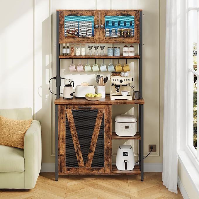 HOOBRO Bakers Rack with Trash Can Bin Cabinet, 6-Tier Microwave Stand with LED Stripe, Kitchen Storage Shelf with Outlet, Tall Coffee Bar Station for Dining Room, Rustic Brown and Black BF24UDHB01