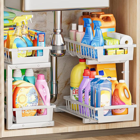TOFWOF Under Sink Organizer 2 Pack, 2 Tier Adjustable Height Reinforced Carbon Steel Under Kitchen Bathroom Sink Storage Organizer, Smooth Pull-Out Under Sink Cabinet Rack Drawer Organizer, White