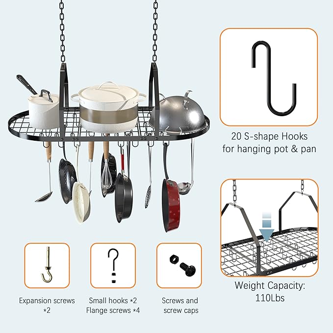 Ceiling Pot and Pan Rack, Kitchen Pot Organizer Storage Rack, Multi-Purpose Organizer for Home, Restaurant, and Kitchen Cookware with 20 Removable Hooks (Black)