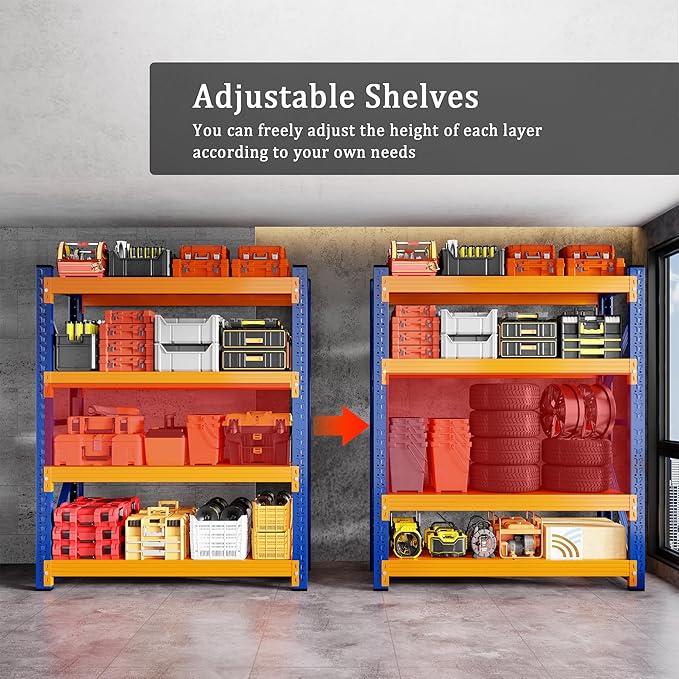 48" W Garage Shelving 3000LBS Garage Shelving Heavy Duty 4-Tier Metal Storage Shelves Adjustable Shelf Unit Storage Rack for Basement Supermarket Warehouse 48" W x 20" D x 78" H Blue-Orange