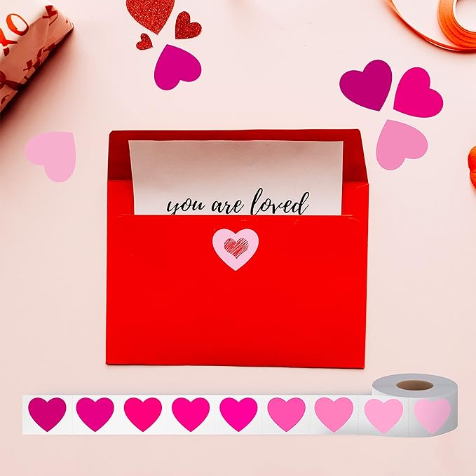 1200 PCS Pink Heart-Shaped Stickers, 10 Gradient Pink Designs Self-Adhesive Labels with Perforation Line in Roll, Use for Valentine's Day, Award Charts, Teachers & Classrooms, Bookmarks (3/4" Each)