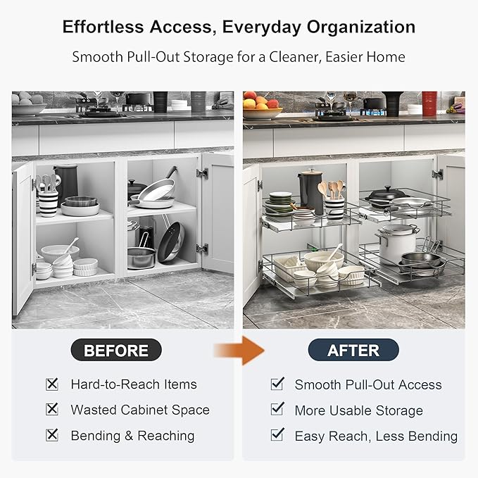 Pull Out Shelves - 11" W x 22" D Soft Close Pull Out Cabinet Organizer 1 Tier - Sliding Shelves with Shelf Liner - Heavy Duty Steel Wire Drawers for Kitchen Cabinets, Pantry, Bathroom