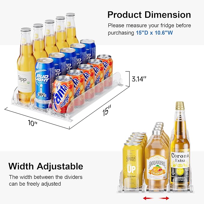 LAMU Drink Organizer for Fridge, Soda Can Organizer Dispenser for Refrigerator with Automatic Pusher Glide, Width Adjustable Clear Dividers, Can Holder for 6-20oz Beverage, 15''D x10''W, 3 Rows
