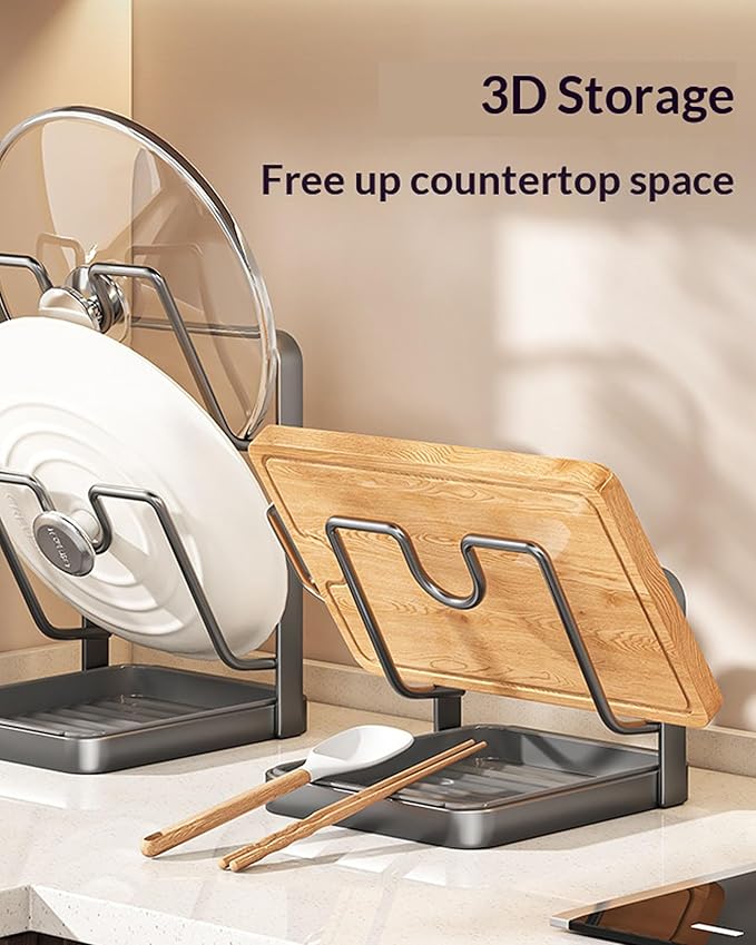 Kitchen Pot Lid Storage Rack, Pot Lid Holder with Tray, Lid Holder While Cooking, Lid and Spoon Rest, Multifunctional Kitchen Organizer Stand, No More Pools of Gross Water (Grey-Single layer)