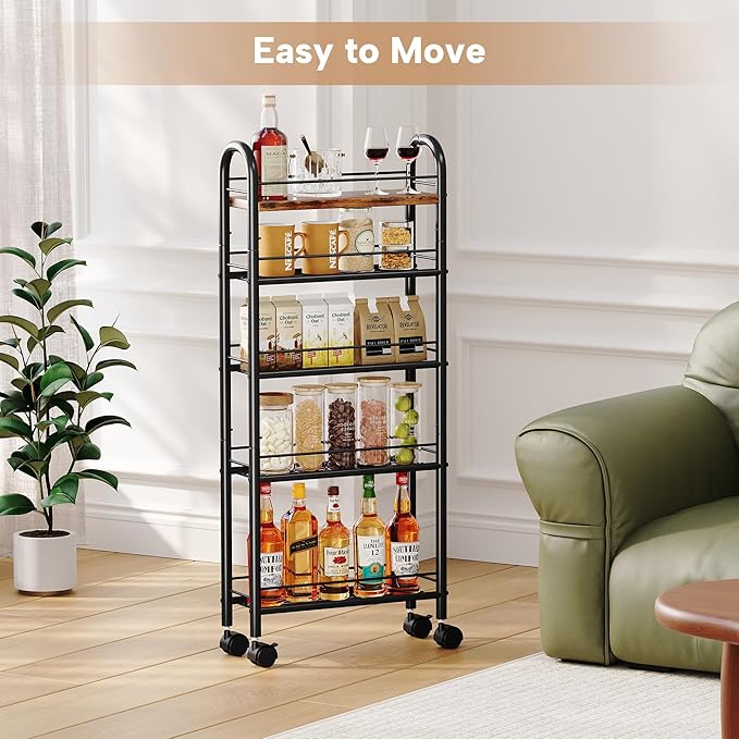 Slim Storage Cart, 5 Tier Narrow Utility Cart with Metal Frame and Wooden Top, Rolling Storage Organizer Shelving Unit for Kitchen, Dining Room, Living Room,Home Office, Vintage