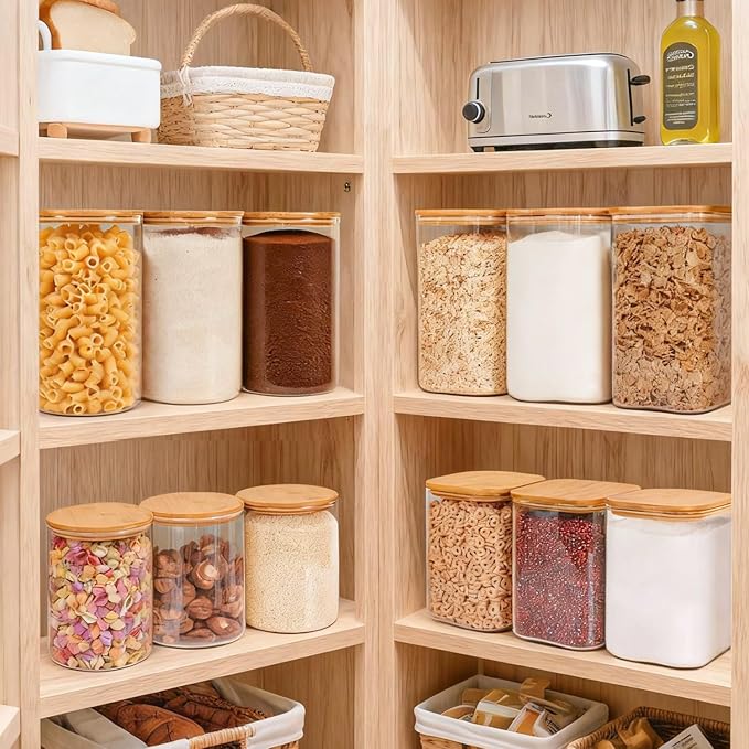 Glass Flour and Sugar Containers, Square Glass Containers with Bamboo Lids, Gallon Jars with Bamboo Lids for Cookies, Coffee Beans （2 pack 1.6/4.6 qt）