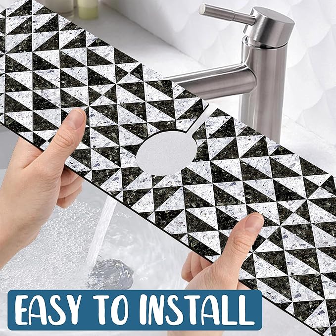 Granite Floor Tiles Sink Splash Guard Faucet Mat Mosaic Texture Super Absorbent Fast Drying Mat Sink Gadgets-Splash Guard Behind Faucet Drip Catcher for Kitchen Bathroom, 23.5"x5.5"